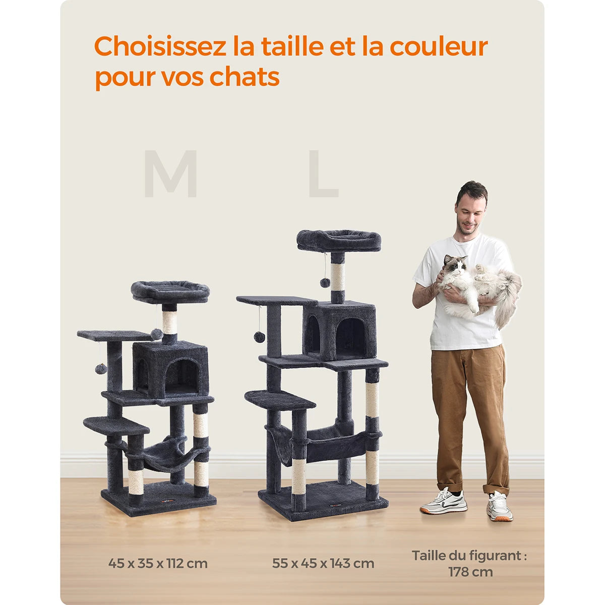 Infographie comparative présentant deux tailles d'arbre à chat de la marque Les Trésors d'Owka pour aider les propriétaires à choisir le modèle idéal. L'image expose côte à côte l'arbre chat Taille M (dimensions 45 x 35 x 112 cm) et l'arbre pour chat Taille L (dimensions 55 x 45 x 143 cm), tous deux en peluche gris anthracite. Une échelle de comparaison réelle est fournie par un figurant de 178 cm tenant un chat, permettant de visualiser l'encombrement des structures dans un intérieur. Chaque arbre à chat c