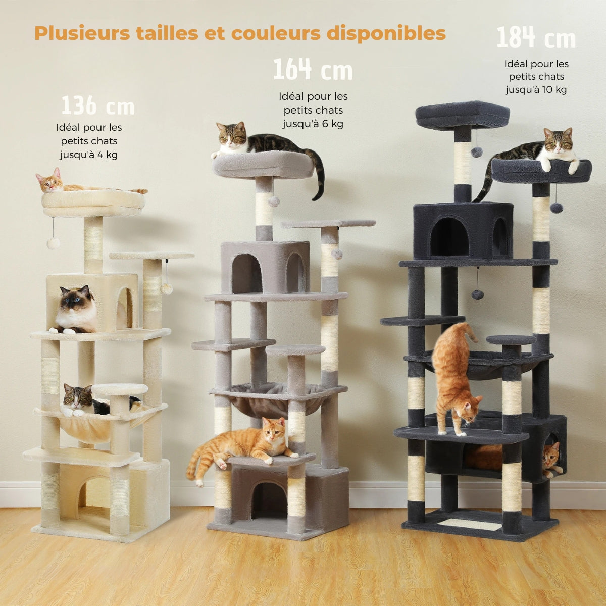 Comparaison de trois tailles d'arbres à chat (136 cm, 164 cm et 184 cm) disponibles en beige, gris et anthracite pour chats de 4 à 10 kg.
