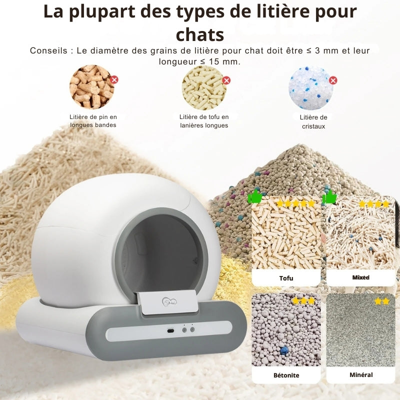 Infographie présentant les types de litières compatibles avec le bac à litière chat automatique DOEL : Tofu, litière mixte, bentonite et minérale. Ce bac a litiere intelligent nécessite des grains fins, idéal comme bac à litière pour chaton avec litière végétale.