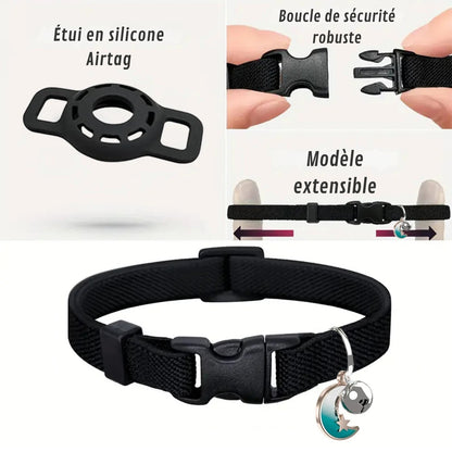 Infographie d'un collier gps chat noir présentant son étui en silicone AirTag, sa boucle de sécurité robuste et sa sangle extensible. Ce modèle ajustable est idéal comme premier collier gps pour chaton, offrant une protection fiable et un confort sur mesure grâce à ce collier gps de haute qualité.