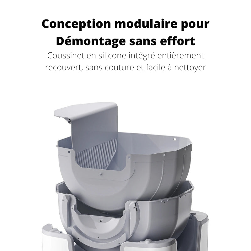 Infographie présentant la conception modulaire du bac à litière chat Furoomate pour un démontage sans effort. Le bac a litiere inclut un tapis en silicone intégré entièrement couvert, sans coutures et facile à nettoyer, idéal pour l'hygiène d'un bac à litière pour chaton.