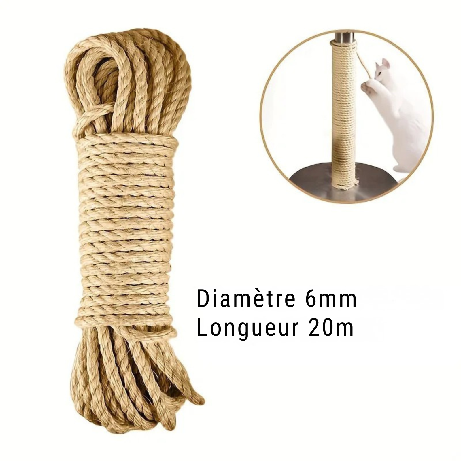Bobine de corde en sisal pour animaux diamètre 6mm et longueur 20m. Image montrant un chat blanc grimpant sur un arbre à chat rénové avec cette corde en sisal naturelle et solide.