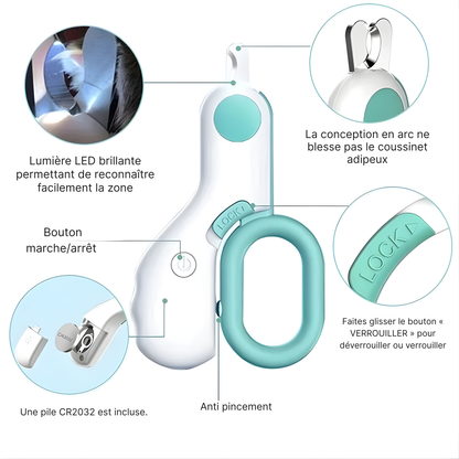 Coupe-griffes pour chat avec lumière LED pour repérer la zone de coupe, lames en arc anti-blessure, bouton de verrouillage de sécurité et pile CR2032 incluse.