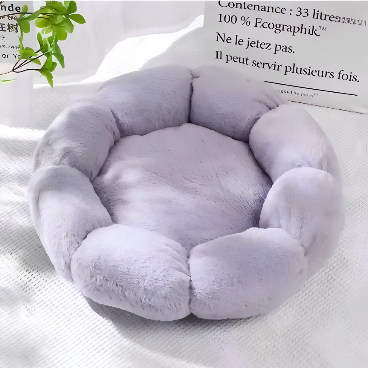 Coussin chat tout doux en forme de fleur, coloris gris, rebord souple sur tout le tour — Les Trésors d'Owka