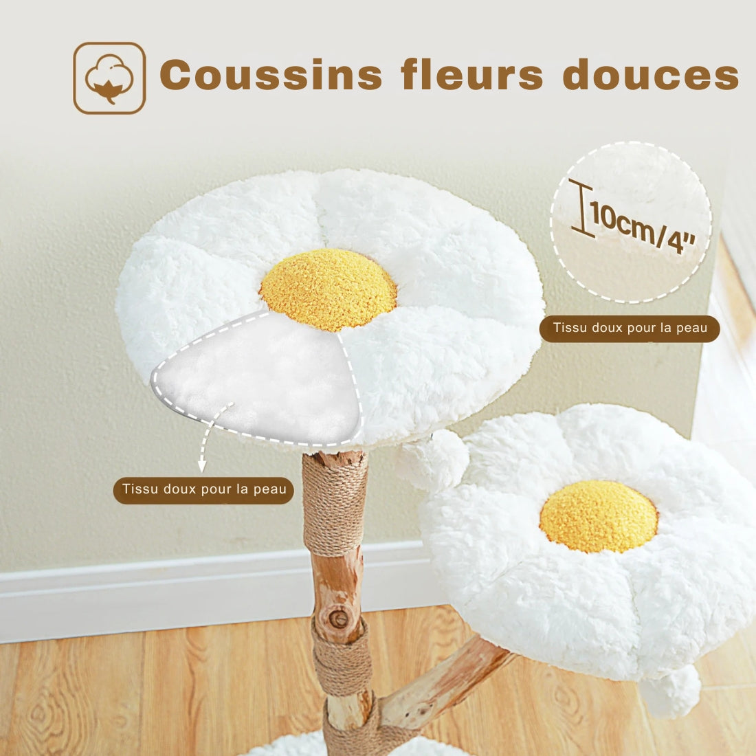 Détail du coussin fleur de 10 cm d'épaisseur pour arbre à chat Marguerite, conçu en tissu blanc ultra-doux pour la peau et rembourrage moelleux pour un confort optimal.