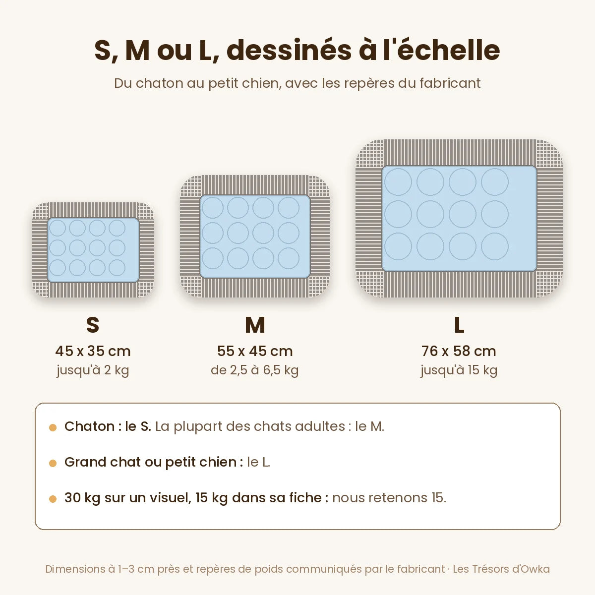 Les 3 tailles du coussin rafraîchissant pour chat à rebords : 45 x 35, 55 x 45 et 76 x 58 cm — Les Trésors d'Owka