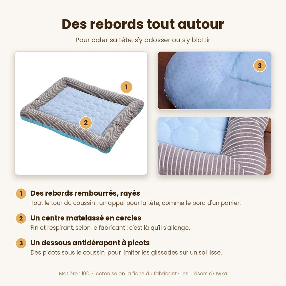 Coussin rafraîchissant pour chat à rebords : rebords rayés, centre matelassé, dessous antidérapant — Les Trésors d'Owka