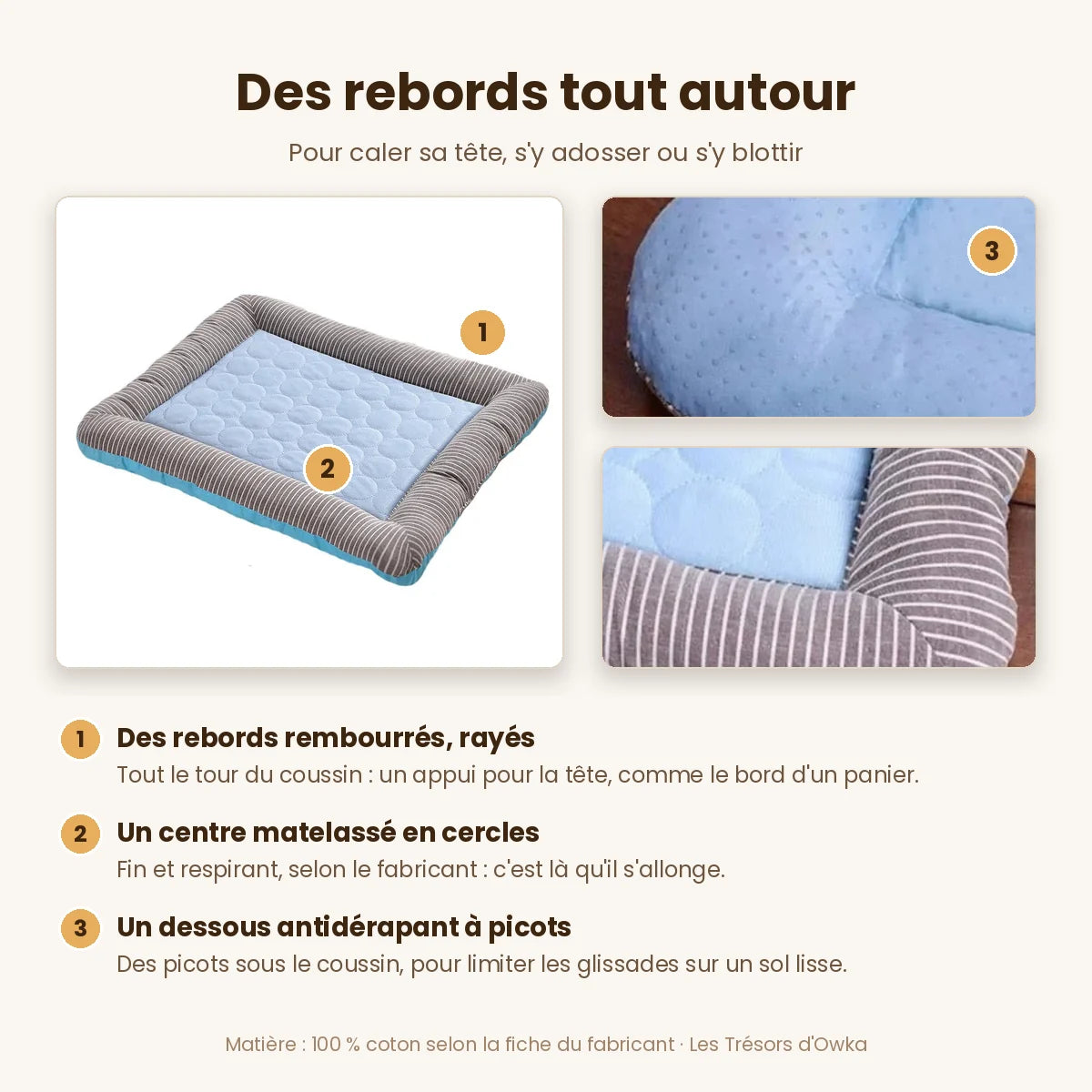 Coussin rafraîchissant pour chat à rebords : rebords rayés, centre matelassé, dessous antidérapant — Les Trésors d'Owka