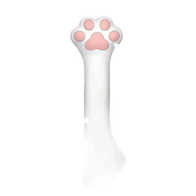Cuillère de service blanche Lucky Cat pour pâtée pour chat, manche ergonomique avec motif patte rose en relief et bords de raclage intégrés pour boîtes de conserve.
