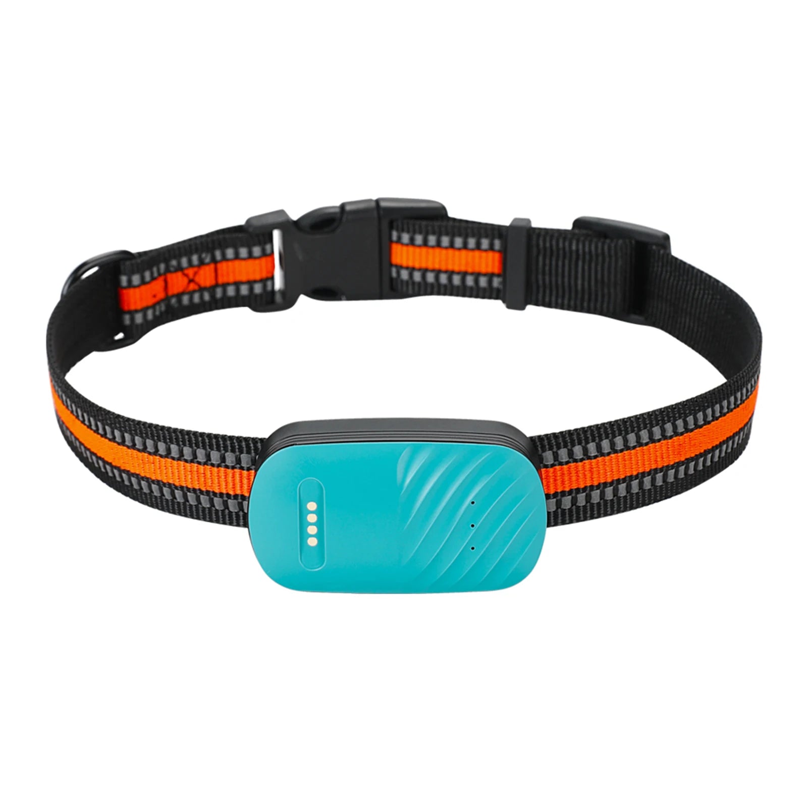 Vue recto-verso d'un boîtier de collier gps chat orange corail haute visibilité. Le visuel détaille la face avant avec port de charge magnétique et la face arrière équipée de deux clips de fixation robustes en métal. Un dispositif de traçage léger et sécurisé, idéal pour être monté sur un collier gps pour chaton, garantissant une tenue parfaite du collier gps lors des explorations.