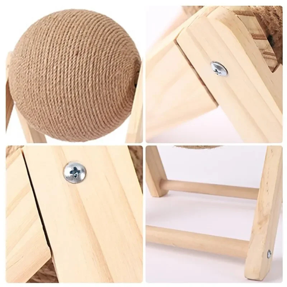 Détails de fabrication d'un jouet griffoir pour chat : gros plans sur l'assemblage par vis cruciformes du support en bois clair et sur le tissage serré de la boule en sisal naturel.
