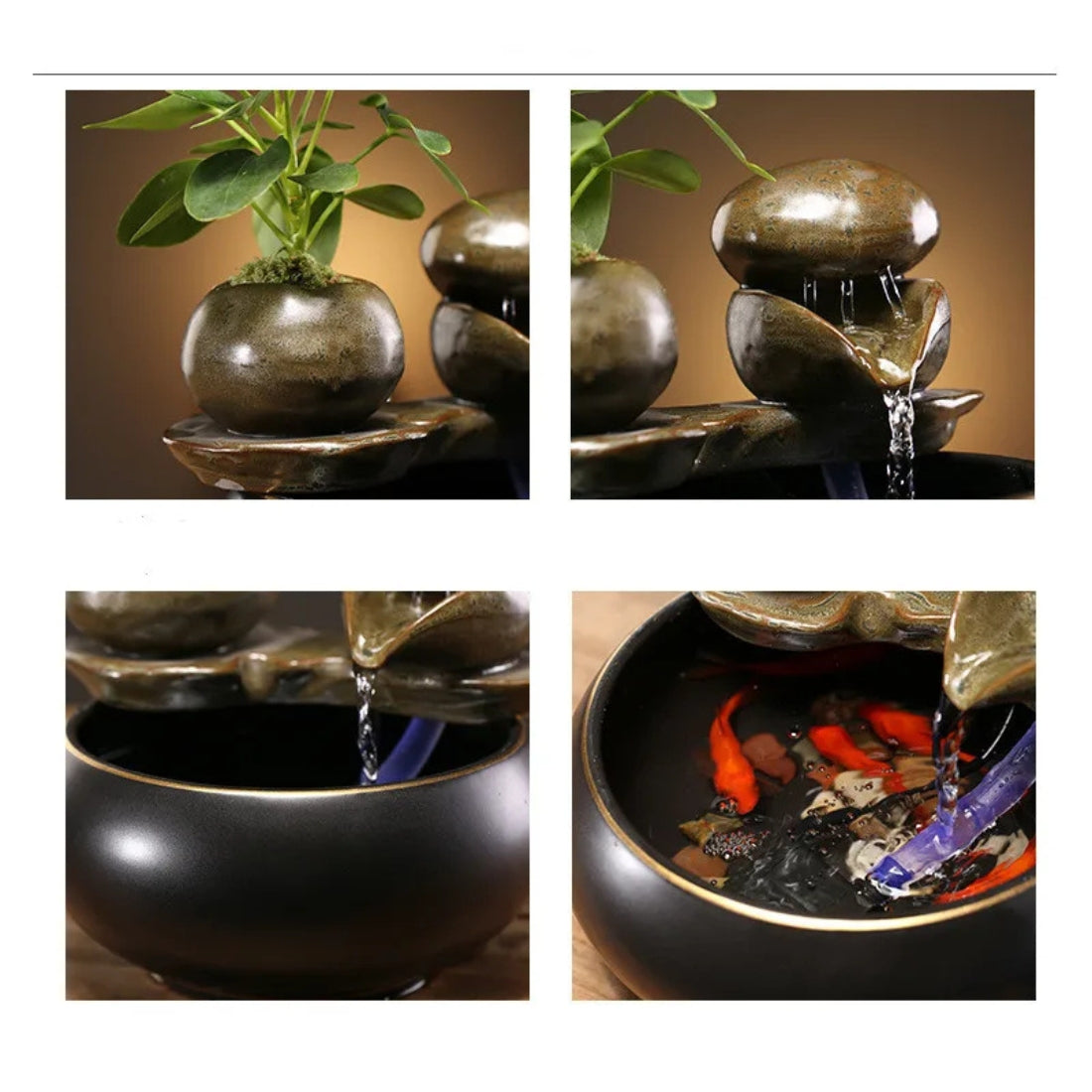 Vue détaillée en 4 étapes d'une fontaine zen : écoulement d'eau sur galets polis, pot avec plante verte, système de pompe immergée et bassin en céramique noire contenant des poissons rouges décoratifs.
