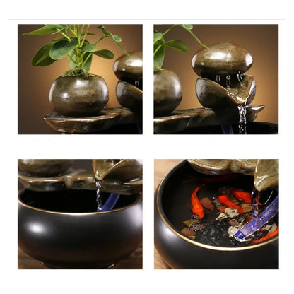 Vue détaillée en 4 étapes d'une fontaine zen : écoulement d'eau sur galets polis, pot avec plante verte, système de pompe immergée et bassin en céramique noire contenant des poissons rouges décoratifs.