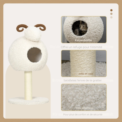 Détails des matériaux d'un arbre à chat original en forme de mouton. L'image montre la niche refuge, le poteau griffoir en sisal naturel et le tissu pelucheux bouclé blanc. Arbre chaton confortable et sécurisé pour le repos et les griffades. Qualité premium Les Trésors d'Owka.