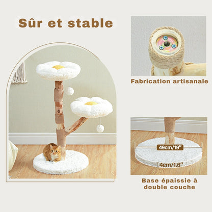 Détails techniques de l'arbre à chat Marguerite : base épaisse double couche de 49 cm, fabrication artisanale avec tronc en bois naturel et structure sûre et stable.