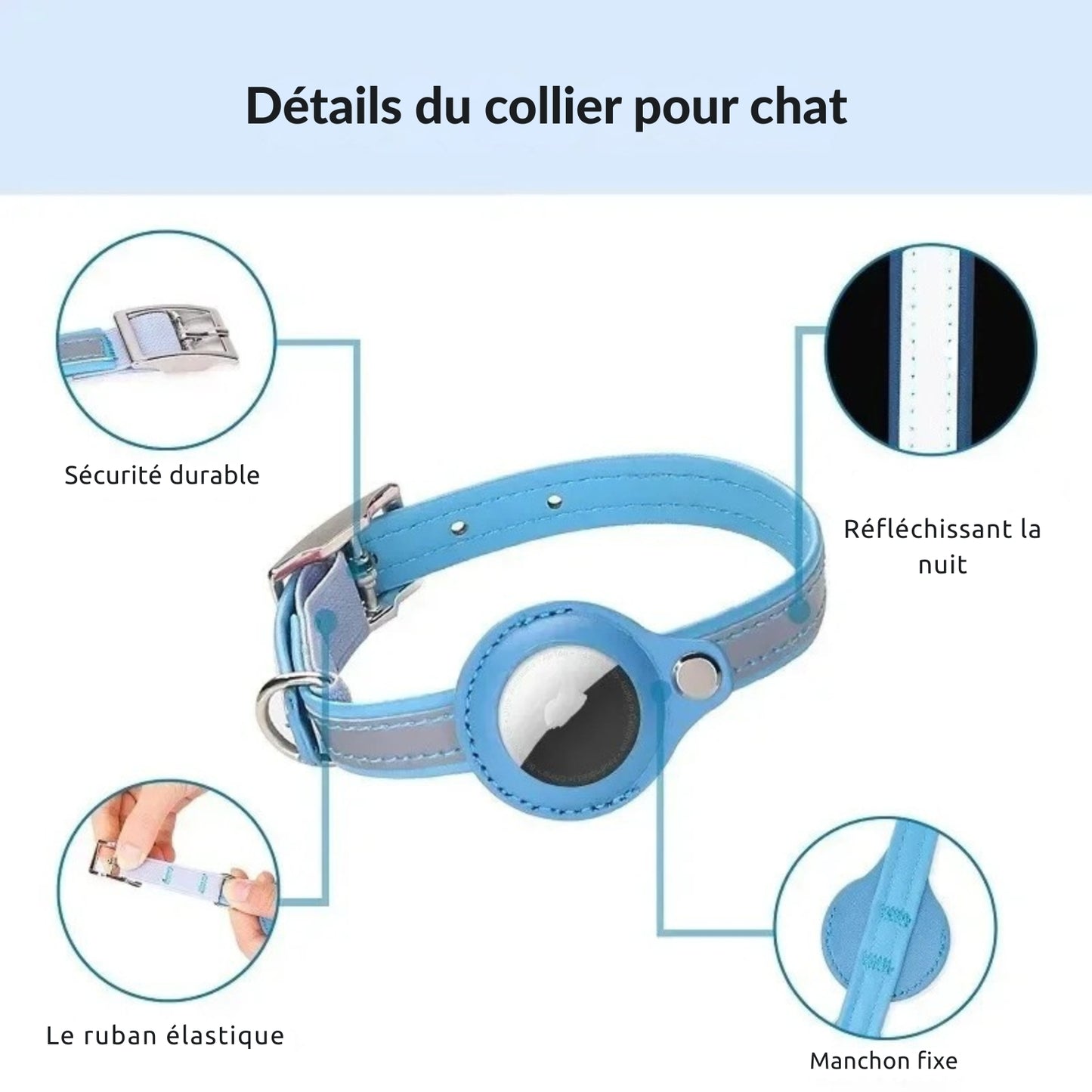 Infographie technique du collier gps pour chat bleu : boucle sécurisée, bande réfléchissante nocturne, ruban élastique de confort et support AirTag fixe. Ce collier gps chat haut de gamme combine sécurité et durabilité. Un collier gps à chat bureau idéal pour suivre votre animal en toute sérénité.