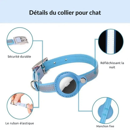 Infographie technique du collier gps pour chat bleu : boucle sécurisée, bande réfléchissante nocturne, ruban élastique de confort et support AirTag fixe. Ce collier gps chat haut de gamme combine sécurité et durabilité. Un collier gps à chat bureau idéal pour suivre votre animal en toute sérénité.