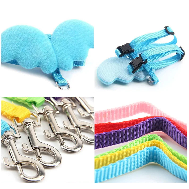 Détails techniques du harnais pour chat ailes d'ange : gros plan sur le tissu peluche bleu, les boucles clipsables rapides et les mousquetons en acier chromé. Ce harnais chat en nylon tressé haute densité est entièrement réglable. Un zoom sur la qualité de fabrication de ce harnais animaux original, garantissant sécurité anti-évasion et confort pour votre félin.