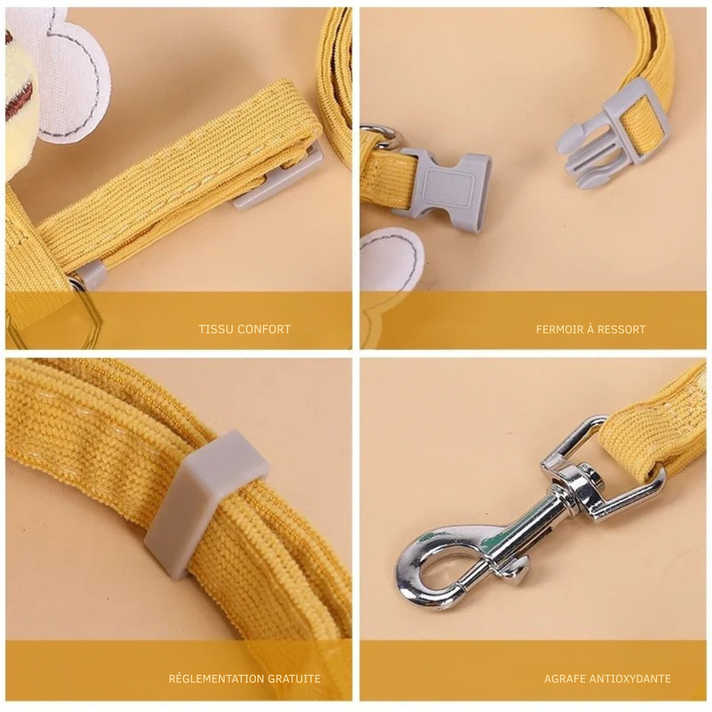 Détails techniques du harnais pour chat jaune : tissu velours confort, fermoir à clip rapide, boucle de réglage pour chaton et mousqueton en acier inoxydable antioxydant. Gros plan sur les finitions sécurisées d'un harnais chaton réglable avec laisse. Qualité premium Les Trésors d'Owka.