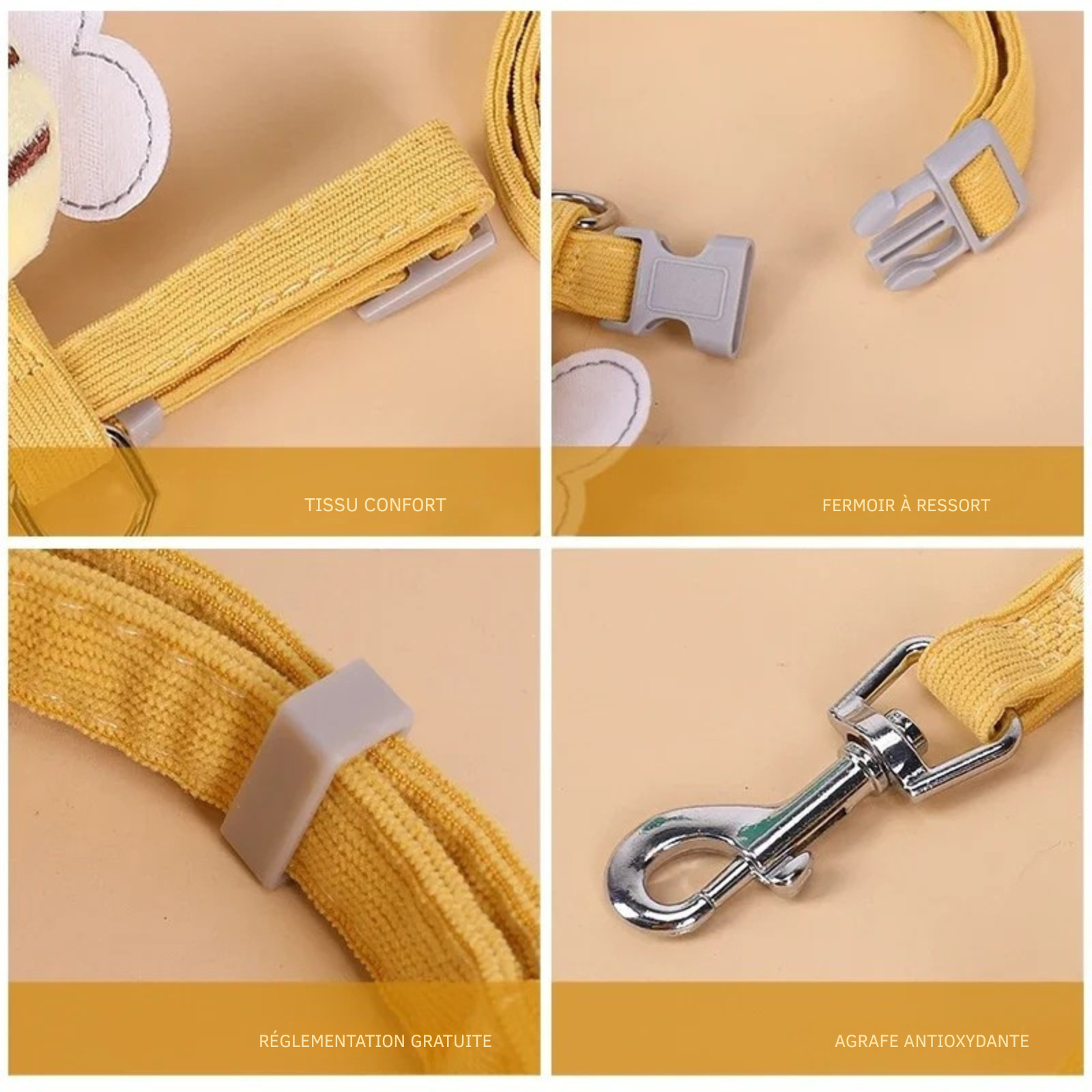Détails techniques du harnais pour chat jaune : tissu velours confort, fermoir à clip rapide, boucle de réglage pour chaton et mousqueton en acier inoxydable antioxydant. Gros plan sur les finitions sécurisées d'un harnais chaton réglable avec laisse. Qualité premium Les Trésors d'Owka.