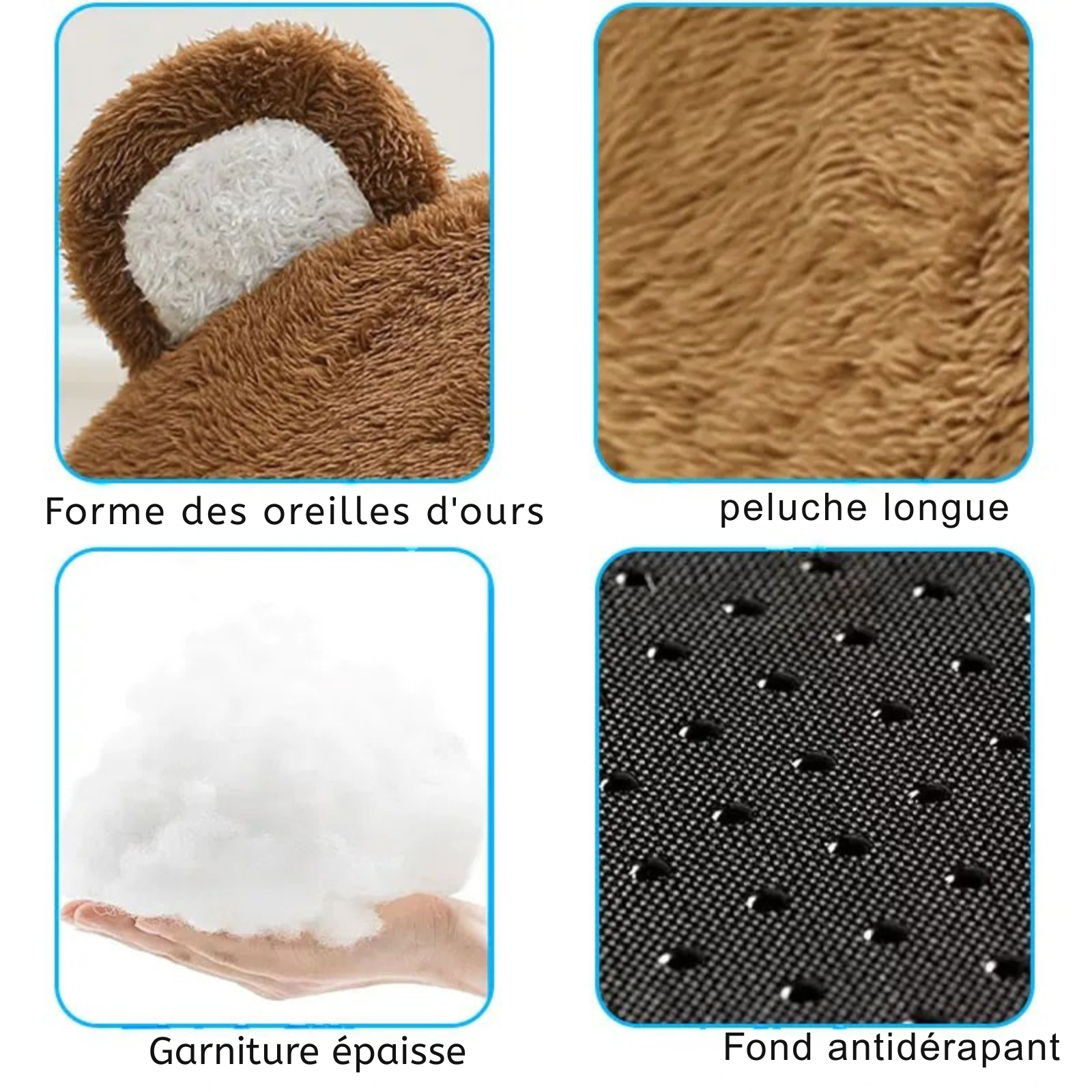 Infographie technique détaillant la qualité du panier chat ours : oreilles décoratives, peluche longue ultra-douce, rembourrage épais en coton PP et base antidérapante. L'image montre les composants haut de gamme du coussin pour chat. Matériaux durables et confortables pour coussin a chat. Expertise Les Trésors d'Owka.