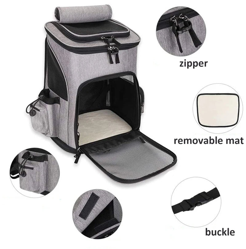 Détails techniques d'un sac à dos de transport pour chat gris : zooms sur les fermetures éclair sécurisées, le tapis de confort amovible blanc, les boucles de réglage robustes et les poches de rangement latérales.