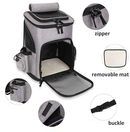 Détails techniques d'un sac à dos de transport pour chat gris : zooms sur les fermetures éclair sécurisées, le tapis de confort amovible blanc, les boucles de réglage robustes et les poches de rangement latérales.
