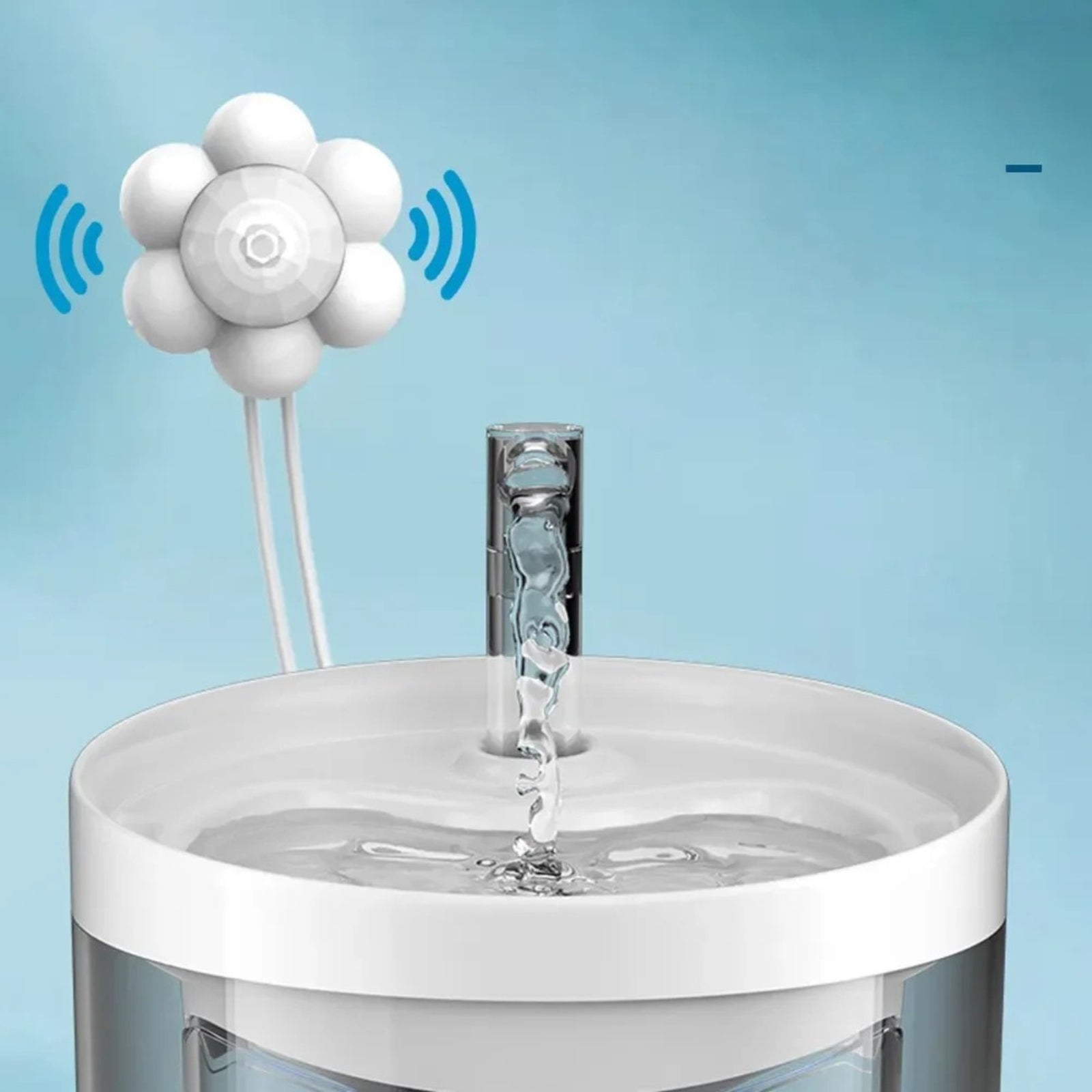 Détecteur de Mouvement Intelligent USB pour Fontaine à Eau Chat Les Trésors d'Owka en forme de fleur blanche avec ondes de détection. Accessoire pour Fontaine à Eau automatique s'activant à l'approche de l'animal. Capteur smart pour Fontaine à Eau Chat optimisant la consommation d'eau et d'énergie.