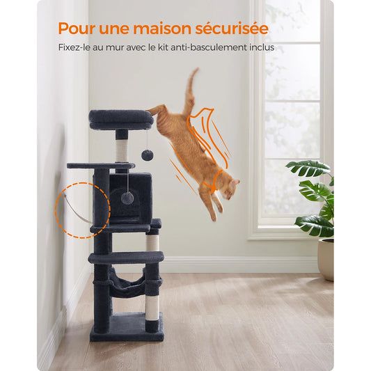 Infographie technique détaillée présentant les dimensions et les capacités de charge d'un arbre à chat multi-niveaux de la marque Les Trésors d'Owka. L'image affiche une hauteur totale de 112 cm et une emprise au sol optimisée de 0,3 m². Cet arbre pour chat gris anthracite comprend une niche de 28x28x25 cm, un hamac confortable, des poteaux griffoirs en sisal et des plateformes d'observation de 30 cm de large. Le schéma précise que cet arbre chat est recommandé pour des chats pesant jusqu'à 5 kg, avec une c