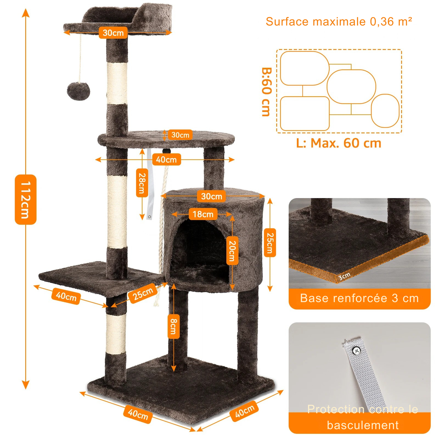 Dimensions complètes d'un arbre à chat de 112 cm de haut marron. L'image détaille la base renforcée de 3 cm, la protection contre le basculement et les mesures de la niche et des plateformes. Arbre chaton stable et sécurisé avec griffoirs et jeux. Arbre chat de qualité supérieure Les Trésors d'Owka.