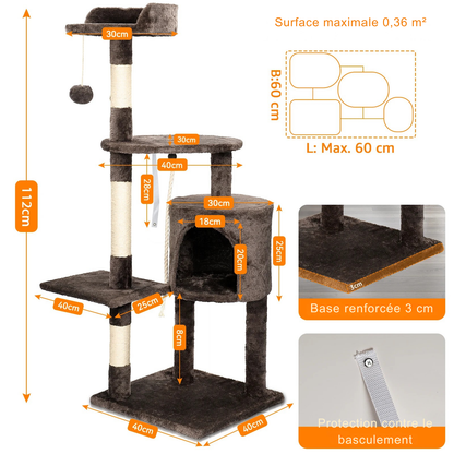 Dimensions complètes d'un arbre à chat de 112 cm de haut marron. L'image détaille la base renforcée de 3 cm, la protection contre le basculement et les mesures de la niche et des plateformes. Arbre chaton stable et sécurisé avec griffoirs et jeux. Arbre chat de qualité supérieure Les Trésors d'Owka.