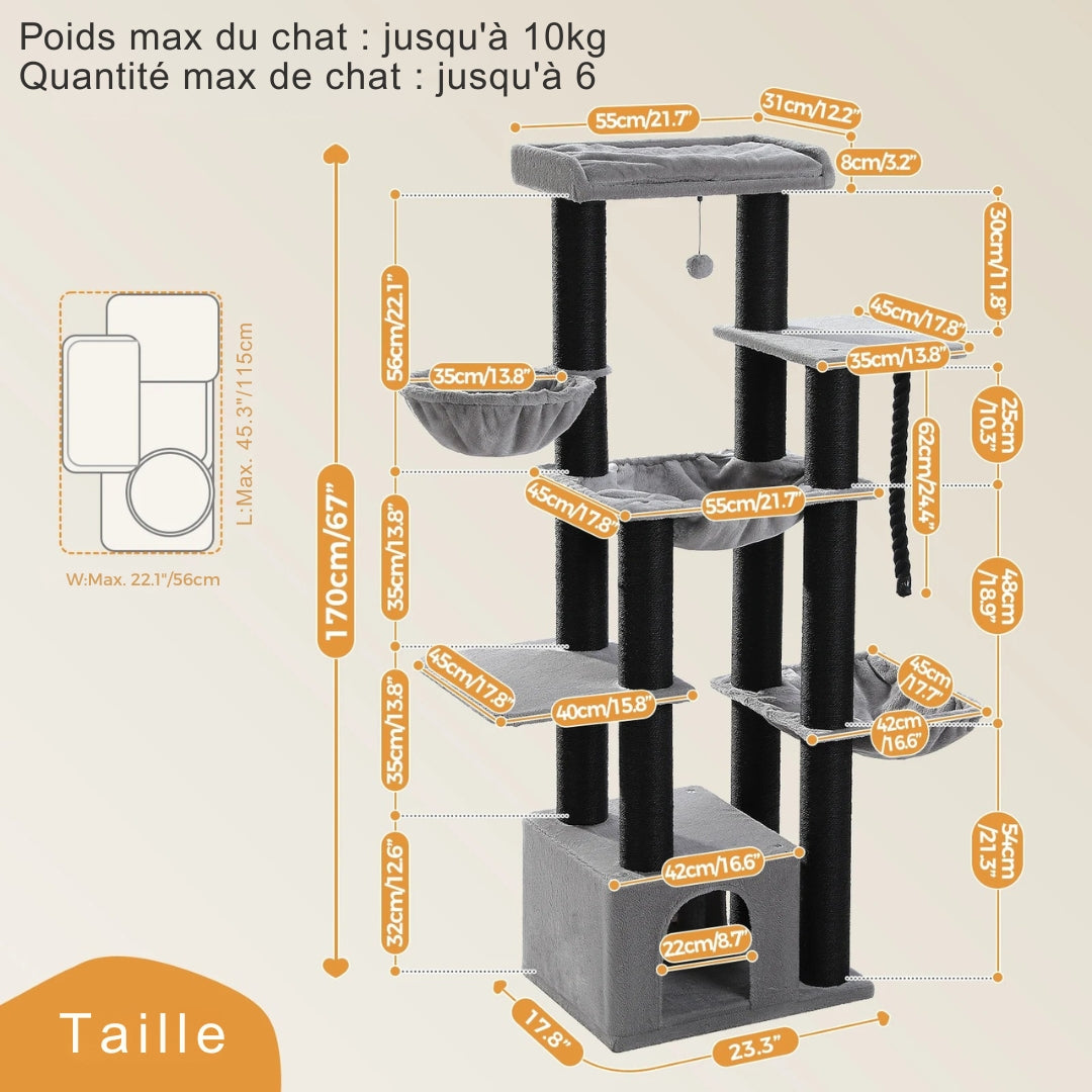 Dimensions détaillées de l'arbre à chat XXL : hauteur 170cm, base stable de 58cm, supportant des chats jusqu'à 10kg.