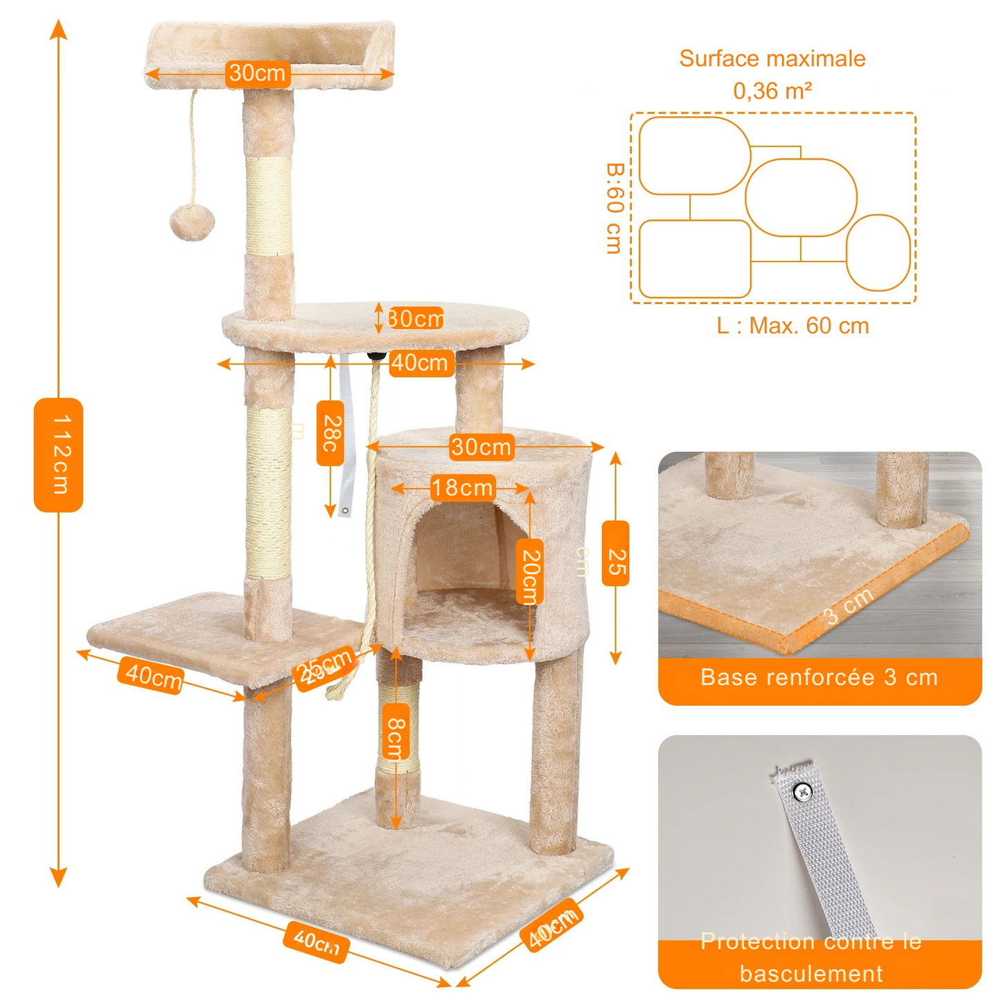 Plan détaillé des dimensions d'un arbre à chat beige de 112 cm. L'infographie présente la base épaisse de 3 cm pour la stabilité et la sangle de protection contre le basculement. Arbre chaton complet avec niche, perchoir et griffoirs en sisal. Arbre chat robuste et sécurisé Les Trésors d'Owka.