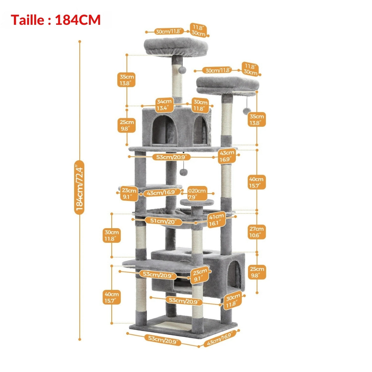Schéma technique d'un arbre à chat beige de 184 cm avec plateformes de 30x30 cm, niches de 22 cm et base stable de 48 cm, idéal pour optimiser l'espace.