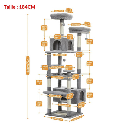 Schéma technique d'un arbre à chat beige de 184 cm avec plateformes de 30x30 cm, niches de 22 cm et base stable de 48 cm, idéal pour optimiser l'espace.