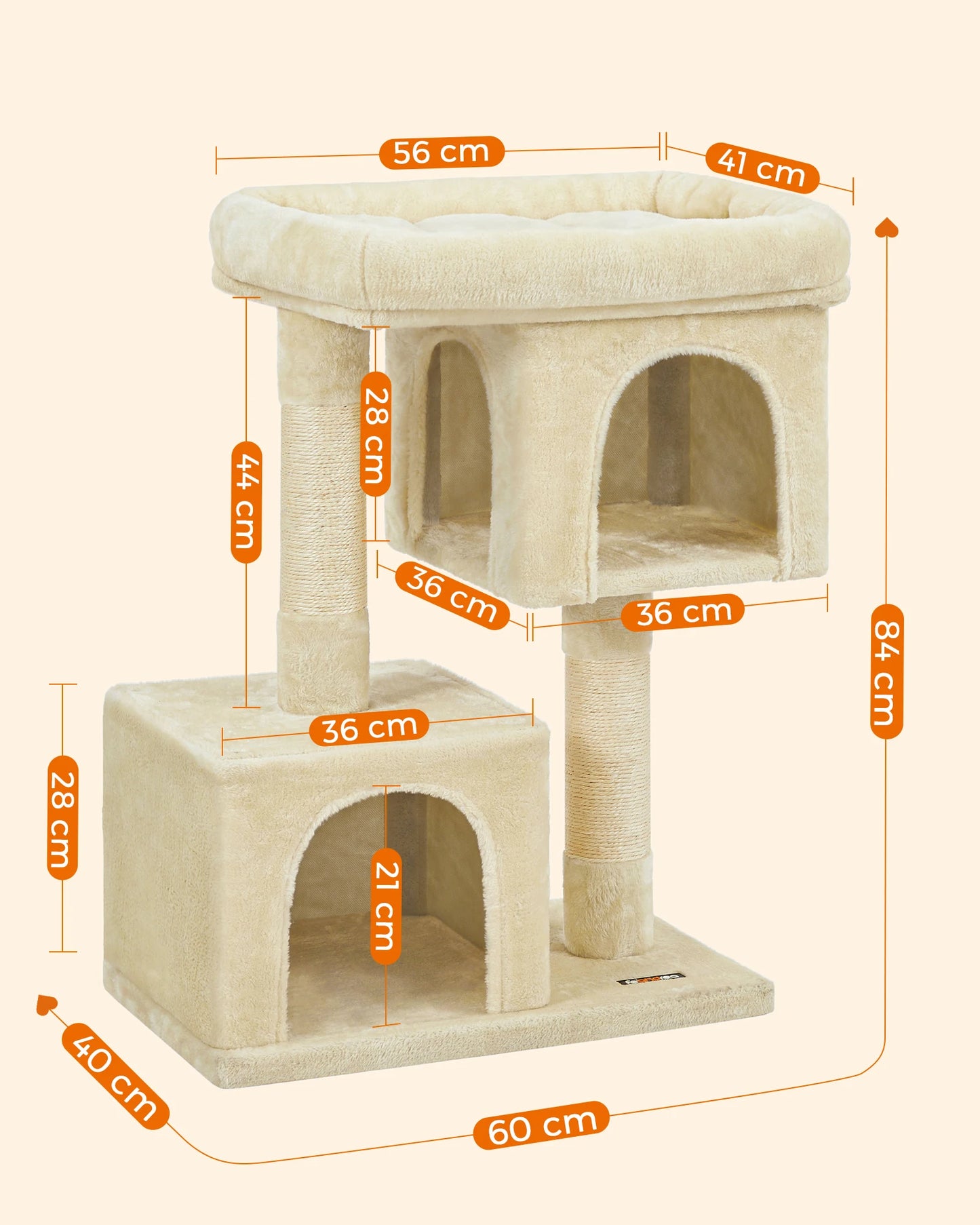 Schéma technique des dimensions d'un arbre à chat compact beige : hauteur 84 cm, base de 60x40 cm, deux niches de 36x36 cm et plateforme supérieure de 56x41 cm.