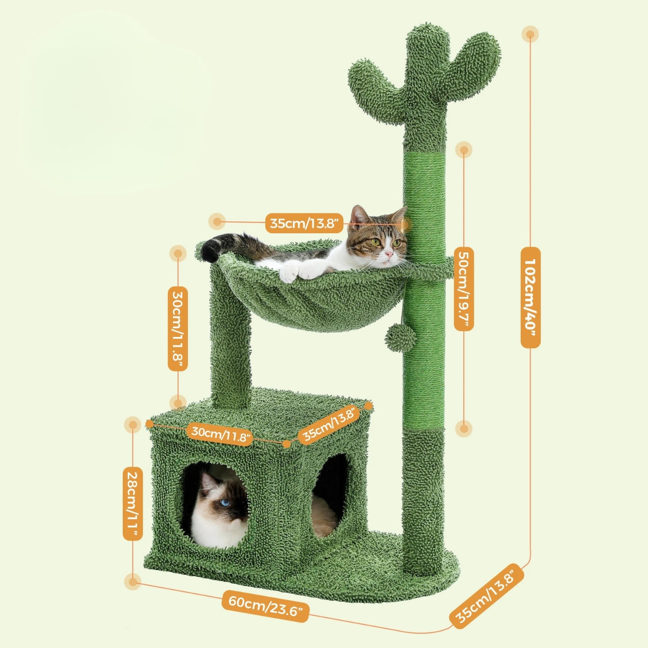 Schéma des dimensions de l'arbre à chat Cactus vert avec une hauteur de 102 cm, base stable de 60x35 cm, niche double entrée de 30x35x28 cm et hamac panoramique de 35 cm.