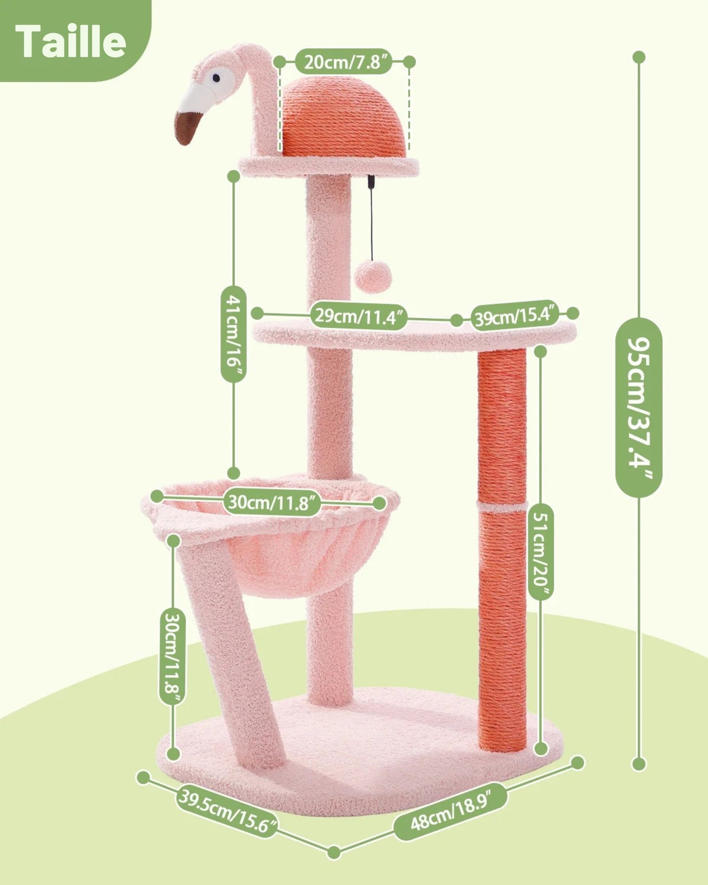 Schéma des dimensions de l'arbre à chat Flamant rose : hauteur totale de 95 cm, emprise au sol de 48x39,5 cm, avec panier de 30 cm et plateforme supérieure de 39 cm.