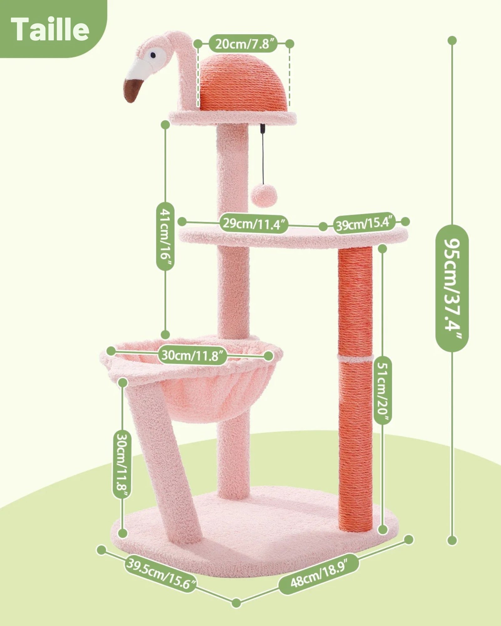 Schéma des dimensions de l'arbre à chat Flamant rose : hauteur totale de 95 cm, emprise au sol de 48x39,5 cm, avec panier de 30 cm et plateforme supérieure de 39 cm.