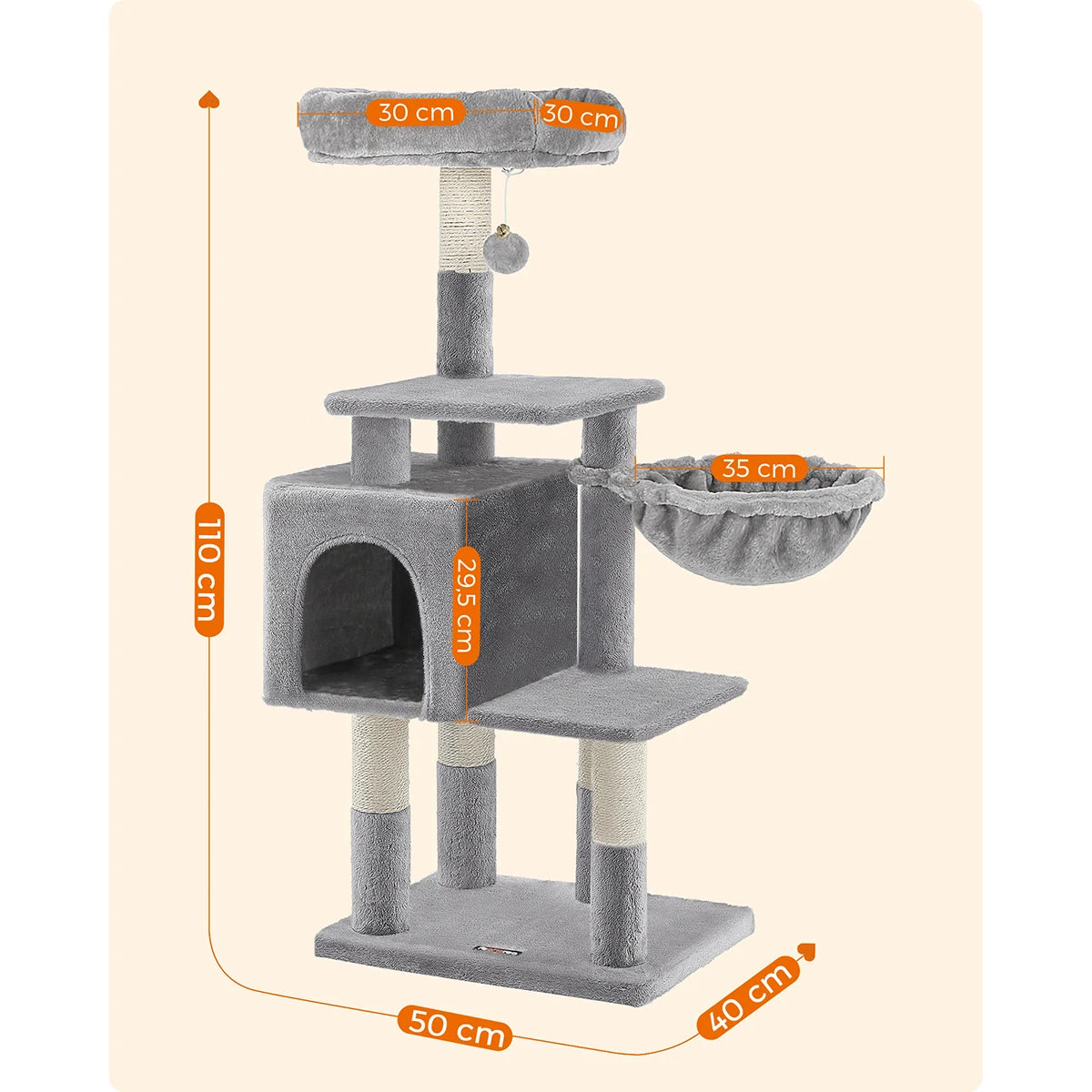 Schéma des dimensions d'un arbre à chat gris de 110 cm avec base de 50x40 cm, niche de 29,5 cm, plateforme supérieure de 30x30 cm et panier suspendu de 35 cm.