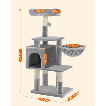 Schéma des dimensions d'un arbre à chat gris de 110 cm avec base de 50x40 cm, niche de 29,5 cm, plateforme supérieure de 30x30 cm et panier suspendu de 35 cm.