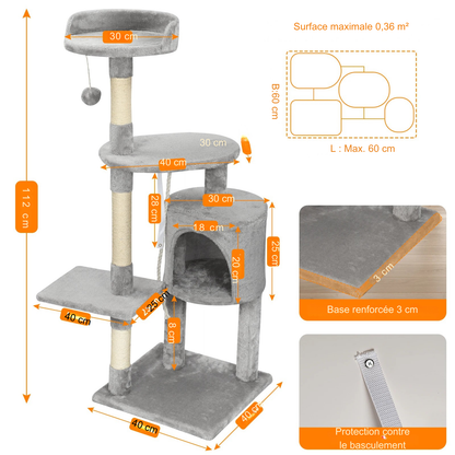 Guide des dimensions détaillées d'un arbre à chat gris de 112 cm de hauteur. L'image présente la base renforcée de 3 cm, la protection contre le basculement et les mesures de la niche, des plateformes et du perchoir. Arbre chaton stable et complet pour petit espace. Arbre chat robuste Les Trésors d'Owka.