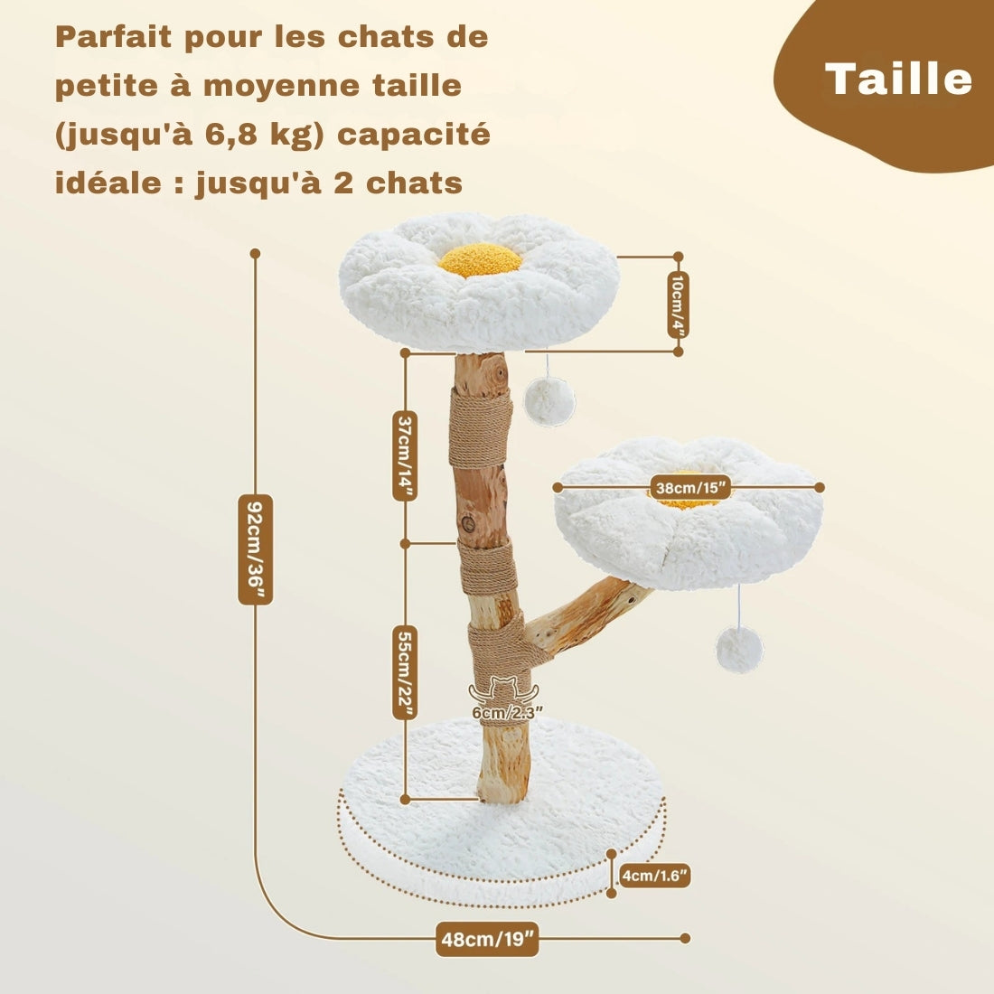 Schéma des dimensions de l'arbre à chat Marguerite en bois naturel : hauteur 92 cm, base de 48 cm, plateformes fleurs de 38 cm, idéal pour 1 à 2 chats jusqu'à 6,8 kg.