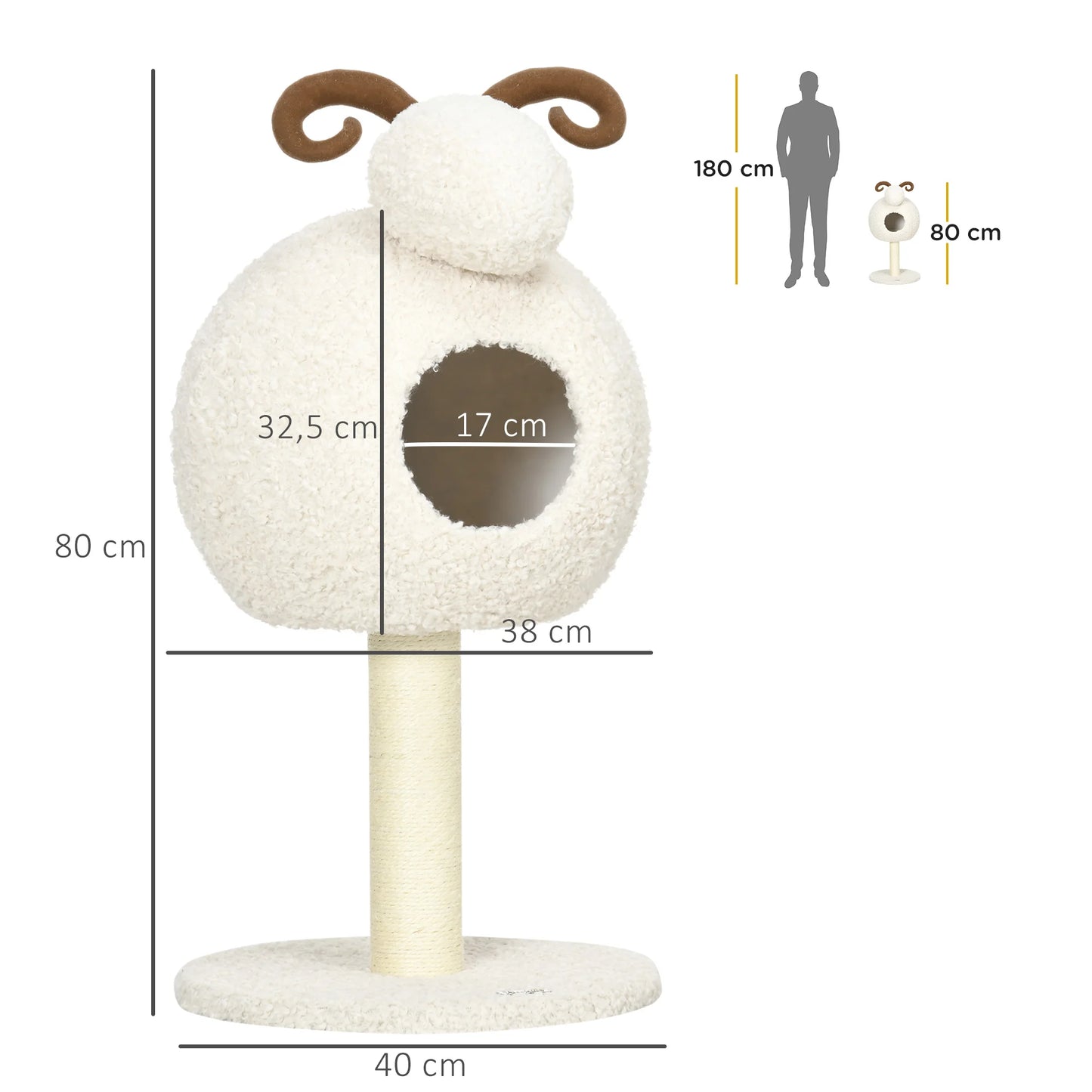Infographie détaillée des dimensions de l'arbre à chat mouton blanc : hauteur de 80 cm, base de 40 cm et entrée de niche de 17 cm. Ce schéma montre un arbre chaton compact en peluche bouclée avec poteau griffoir. Idéal pour petit espace et décoration moderne pour arbre a chat. Les Trésors d'Owka.