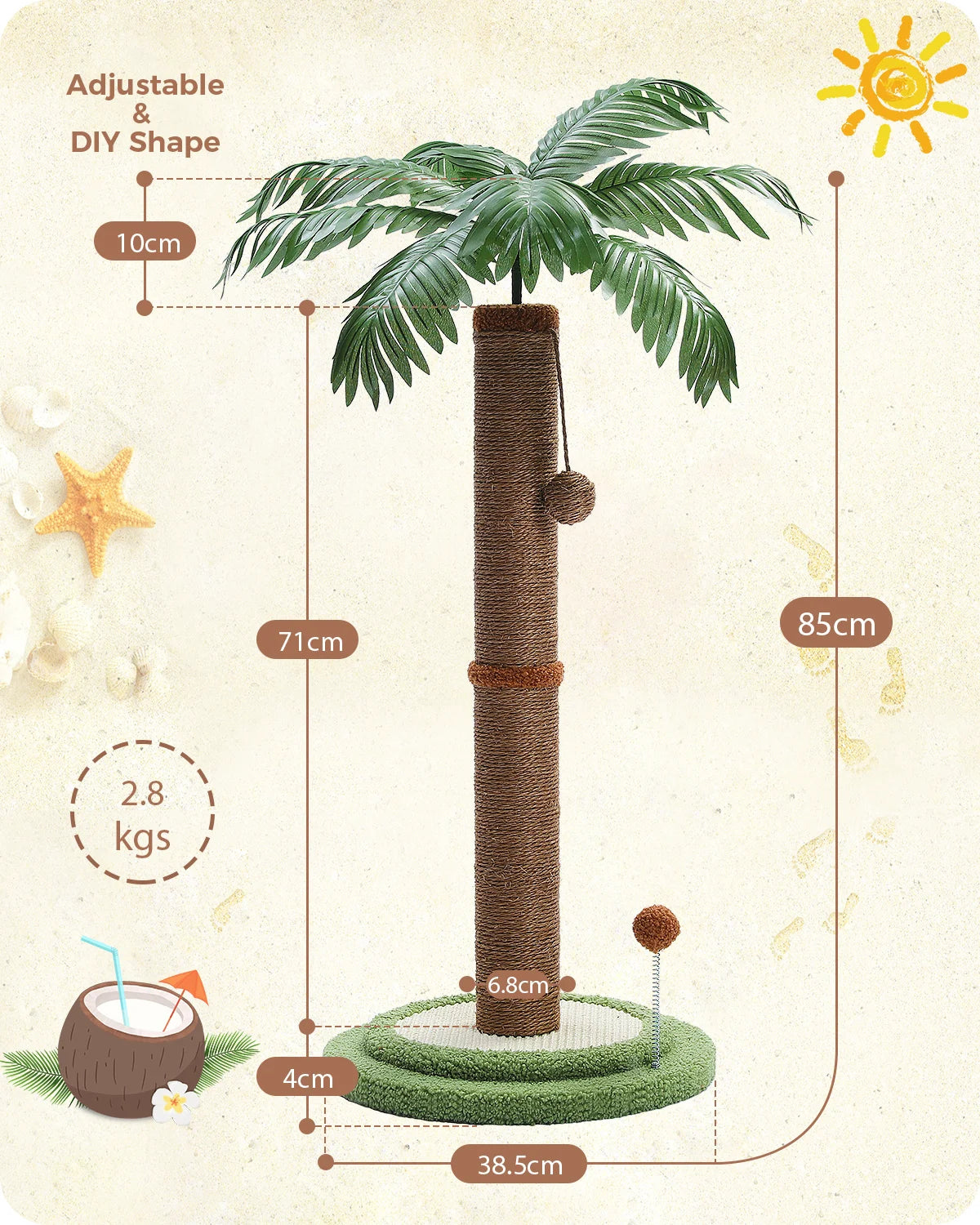 Schéma technique de l'arbre à chat palmier coco de 85 cm de haut, montrant la base stable de 38,5 cm, le poteau en sisal de 71 cm et les feuilles ajustables.