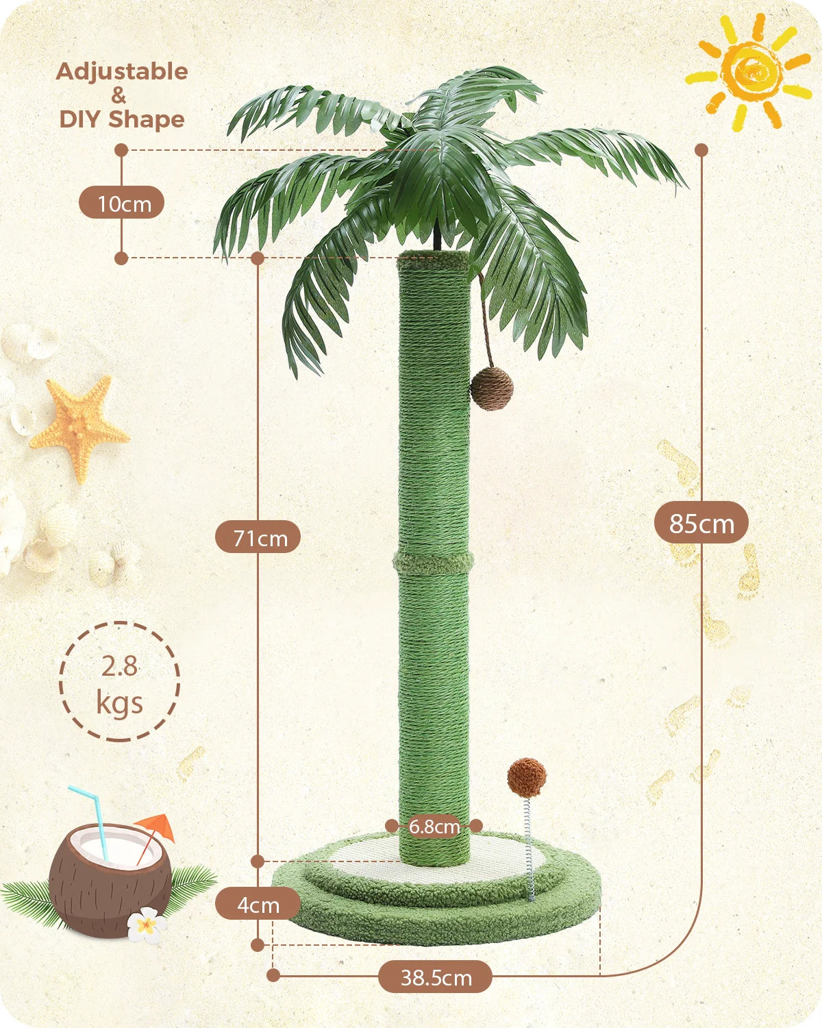 Schéma technique de l'arbre à chat palmier vert de 85 cm de haut, montrant la base stable de 38,5 cm, le poteau en sisal vert de 71 cm et les feuilles tropicales ajustables.