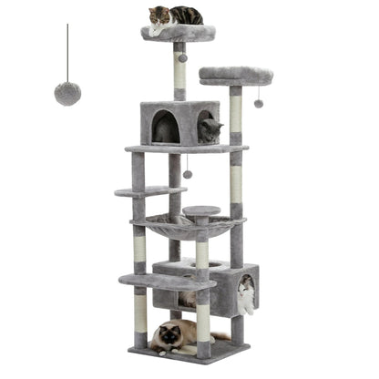 Schéma technique d'un arbre à chat géant gris anthracite de 184 cm avec des plateformes de 30x30 cm, niches spacieuses et base renforcée pour grands chats.