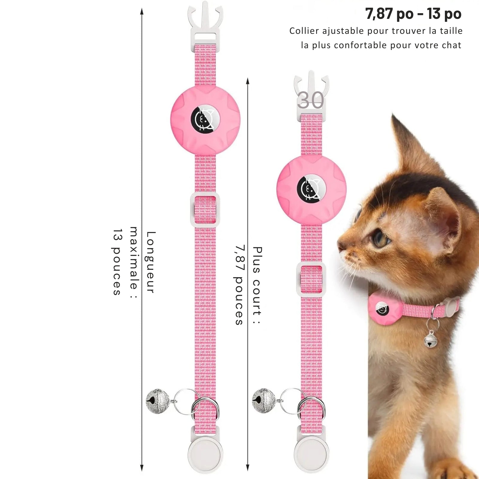 Schéma technique d'un collier gps chat rose ajustable de 20 cm à 33 cm (7.87in-13in) pour un confort optimal. Le visuel présente le collier en position courte et longue avec son support pour traceur, illustrant pourquoi c'est le collier gps pour chaton idéal pour suivre la croissance de votre animal en toute sécurité grâce à un collier gps adapté.