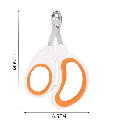 Schéma des dimensions du coupe-griffes pour chat avec lame circulaire de précision : hauteur de 10,5 cm et largeur de 6,5 cm, design ergonomique blanc et orange.