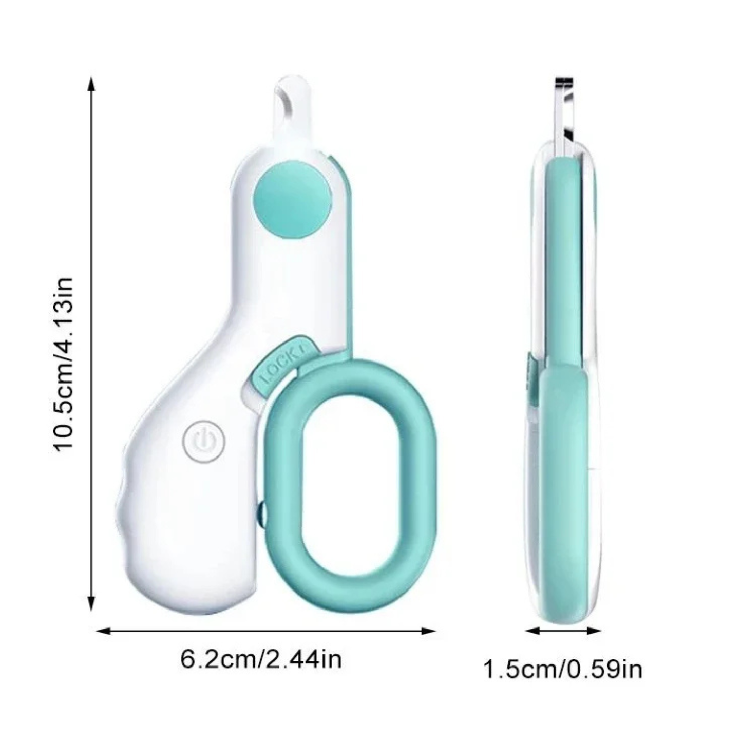 Dimensions du coupe-griffes LED pour chat : hauteur de 10,5 cm, largeur de 6,2 cm et épaisseur fine de 1,5 cm, design compact turquoise et blanc pour une manipulation aisée.